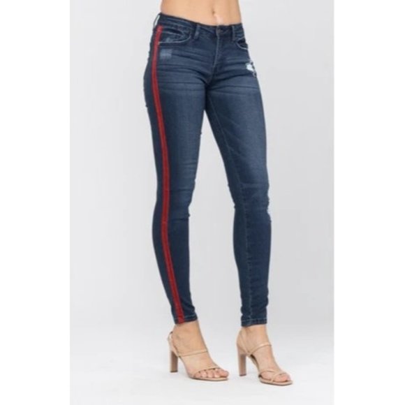 Judy Blue Denim - Judy Blue red Velvet Stripe distressed Skinny jeans sz 28